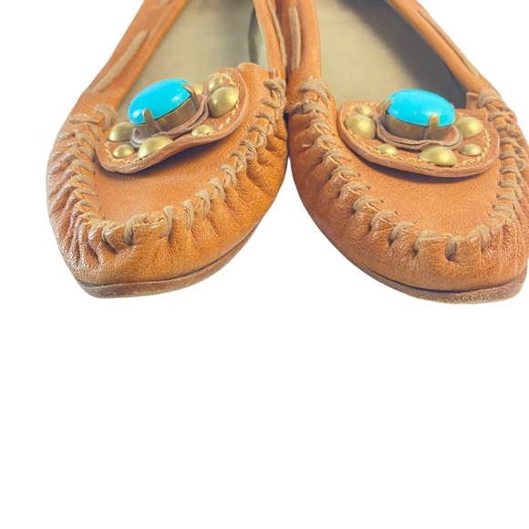 Miu Miu Designer Turquoise Stone Leather Pointy Moccasins Loafers in Tan Size 39 - Picture 9 of 9